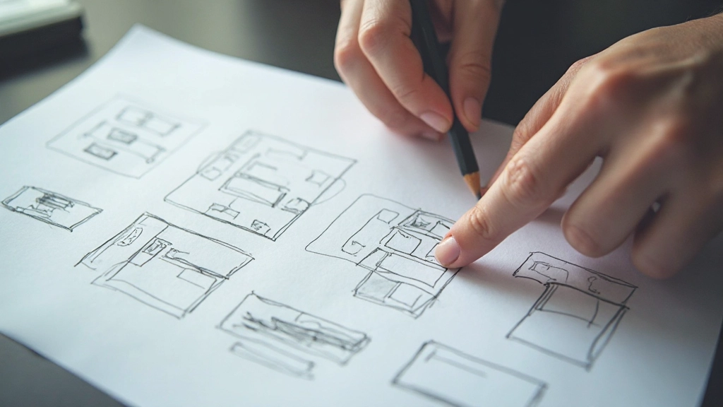 Closeup van een schets met doorgehaalde elementen en aantekeningen van wijzigingen