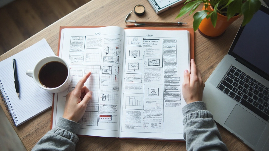 Schetsboeken en wireframe-tools op een designworkstation met notities over gebruikersstromingen