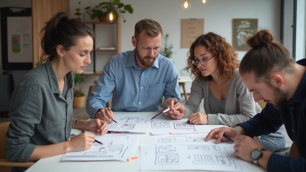 Teamleden zitten samen rond een tafel met wireframe-schetsen en notities, bespreken de interface-flow