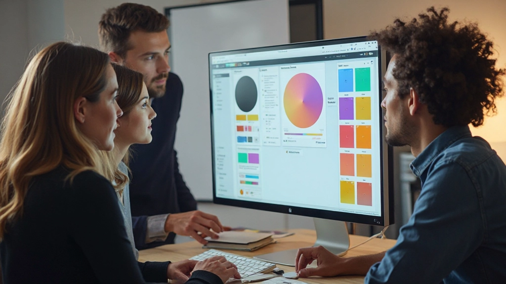 Diverse teamleden kijken samen naar design system op scherm met components en guidelines zichtbaar
