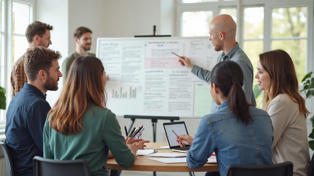 Team workshop session with designers and developers collaborating on design system components on whiteboard