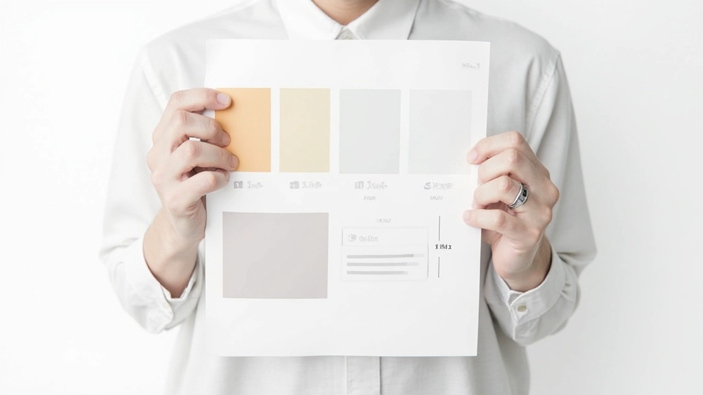 Minimalist design system palette showing typography scale, color tokens, spacing grid, and three basic components on white background