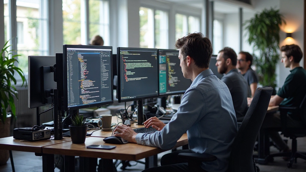 Moderne kantoor met developers die aan computerschermen werken aan softwareprojecten